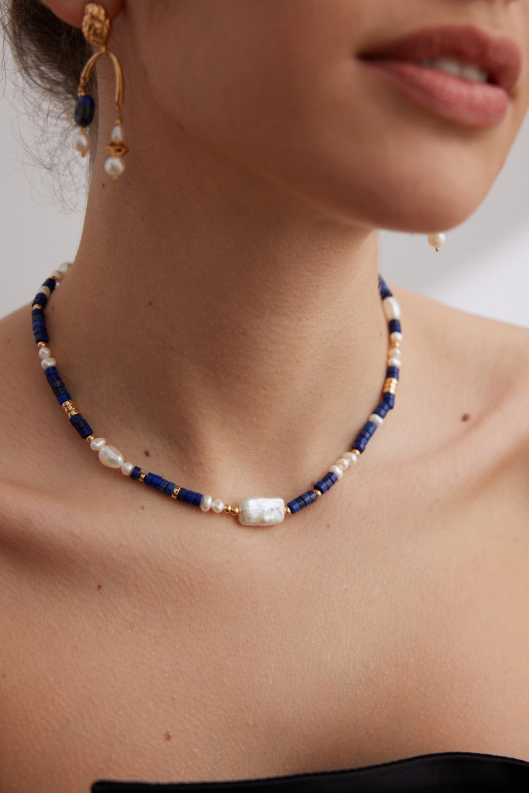 Celestial Harmony Pearl and Lapis Necklace